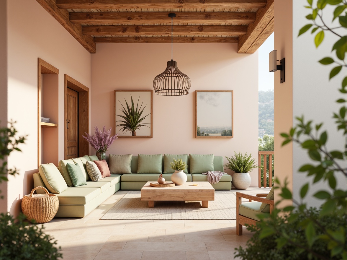 Prompt: Vibrant pastel hues, soft peach tones, calming mint greens, creamy whites, rich wood accents, natural stone textures, earthy terracotta, soothing lavender shades, warm golden lighting, shallow depth of field, 1/1 composition, realistic renderings, ambient occlusion.