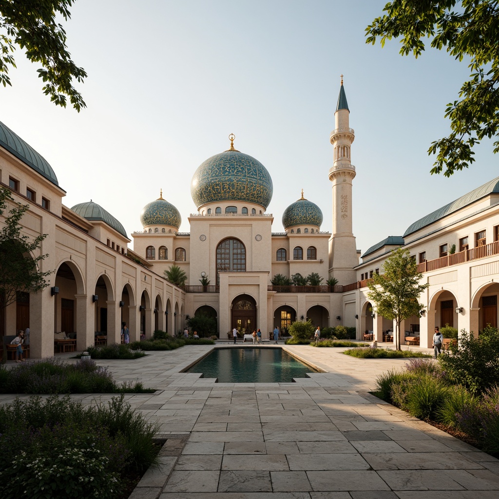 Prompt: Elegant mosque, intricately patterned domes, minarets, Islamic calligraphy, natural stone fa\u00e7ades, lush green courtyards, water features, serene ambiance, soft warm lighting, shallow depth of field, 3/4 composition, panoramic view, realistic textures, ambient occlusion, eco-friendly materials, renewable energy systems, solar panels, wind turbines, rainwater harvesting, green roofs, innovative cooling technologies, shaded outdoor spaces, misting systems, Arabic-inspired geometric motifs, vibrant colorful textiles.