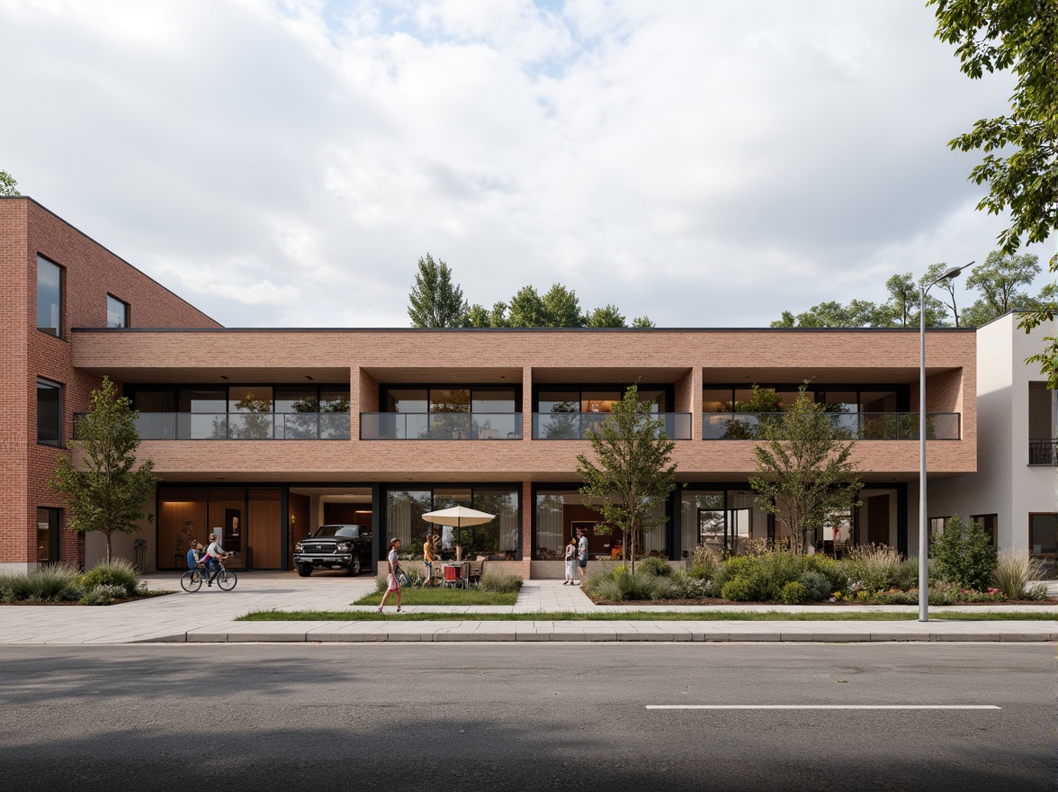 Prompt: Rustic community center, Bauhaus-inspired facade, rectangular forms, clean lines, industrial materials, exposed brick walls, steel beams, large windows, minimalist decor, functional simplicity, earthy color palette, natural textures, communal outdoor spaces, vibrant street art, urban landscape, cloudy sky, soft diffused lighting, 1/1 composition, realistic renderings, ambient occlusion.