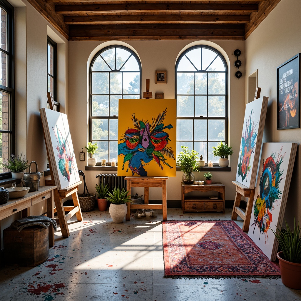 Prompt: Vibrant art studio, bold brushstrokes, eclectic color palette, abstract expressionism, textured canvases, artistic freedom, natural light pouring in, wooden easels, paint-splattered floors, inspirational quotes, modern interior design, sleek lines, minimalist decor, accent walls, colorful rugs, geometric patterns, contrasting hues, analogous harmony, triadic balance, split-complementary contrast, warm and cool tones, monochromatic scheme, artistic experimentation, creative freedom, relaxed atmosphere, soft background music, afternoon sunlight, shallow depth of field, 1/1 composition, realistic textures.