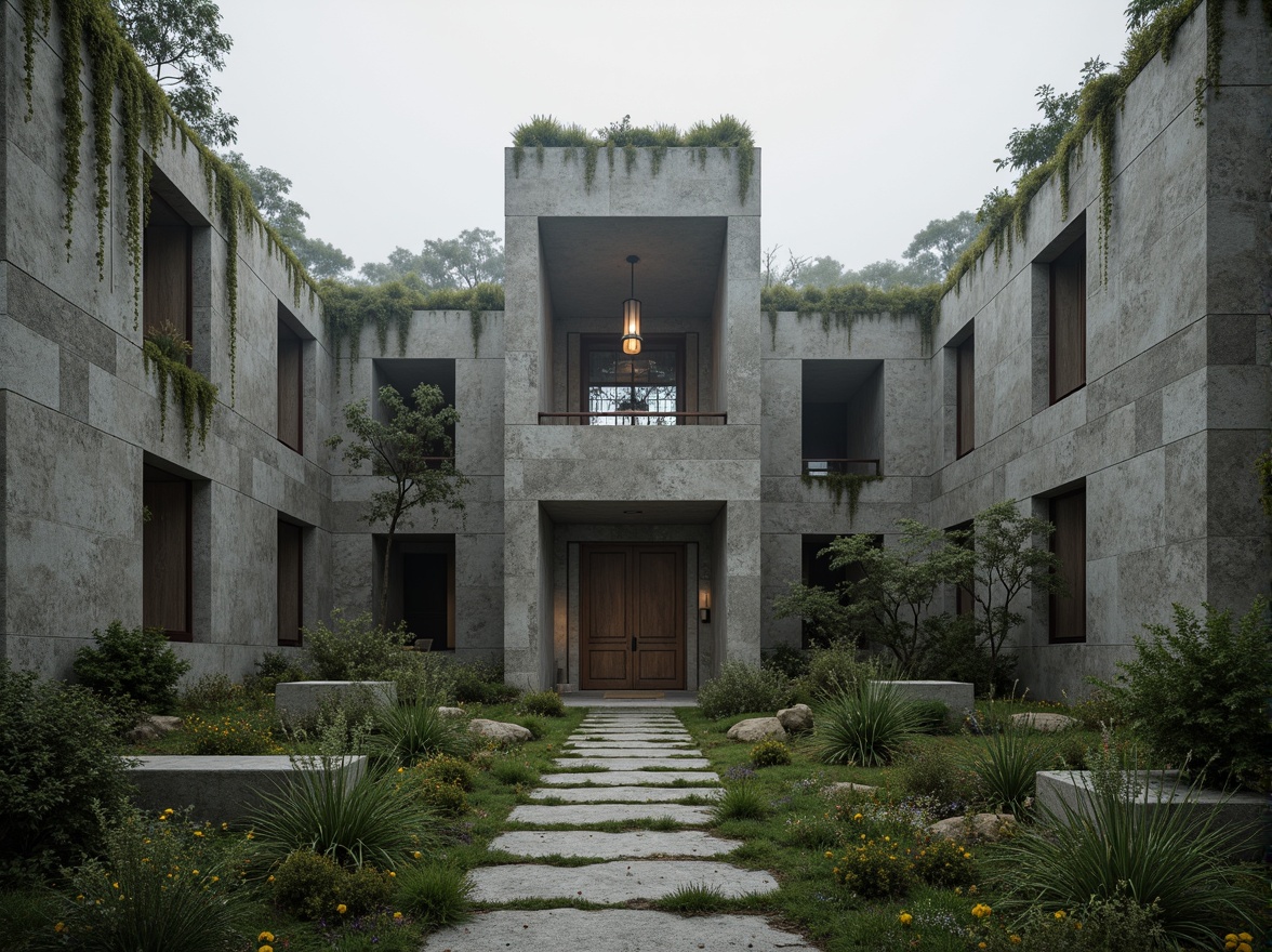 Prompt: Rugged brutalist church, raw concrete walls, angular lines, fortress-like structure, natural stone fa\u00e7ade, overgrown vegetation, wildflowers, moss-covered roofs, weathered wooden doors, stained glass windows, dramatic lighting, high ceilings, minimalist interior, sacred atmosphere, serene ambiance, misty morning, soft diffused light, 1/1 composition, symmetrical framing, realistic textures, ambient occlusion.