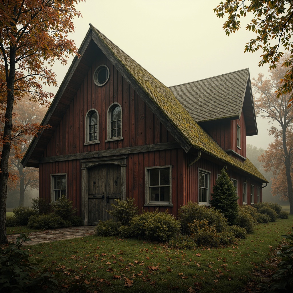 Prompt: Rustic barn, weathered wood, distressed textures, earthy tones, moss-covered roofs, overgrown vegetation, mysterious atmosphere, warm golden lighting, soft misty effects, cinematic composition, 1/1 aspect ratio, rich brown hues, muted greenery, faded red accents, vintage metal hardware, ornate wooden details, Gothic arches, pointed windows, asymmetrical fa\u00e7ade, eerie shadows, foggy mornings, dewy grass, subtle color grading.