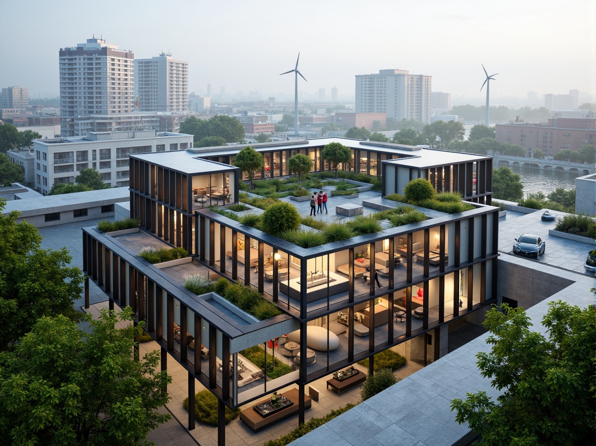 Prompt: Eco-friendly hostel, futuristic architecture, green roofs, solar panels, wind turbines, water conservation systems, recycled materials, minimalist design, angular lines, sleek metal fa\u00e7ades, LED lighting, vibrant colorful accents, geometric patterns, modular furniture, communal spaces, rooftop gardens, urban skyline views, misty morning atmosphere, soft natural light, shallow depth of field, 3/4 composition, panoramic view, realistic textures, ambient occlusion.