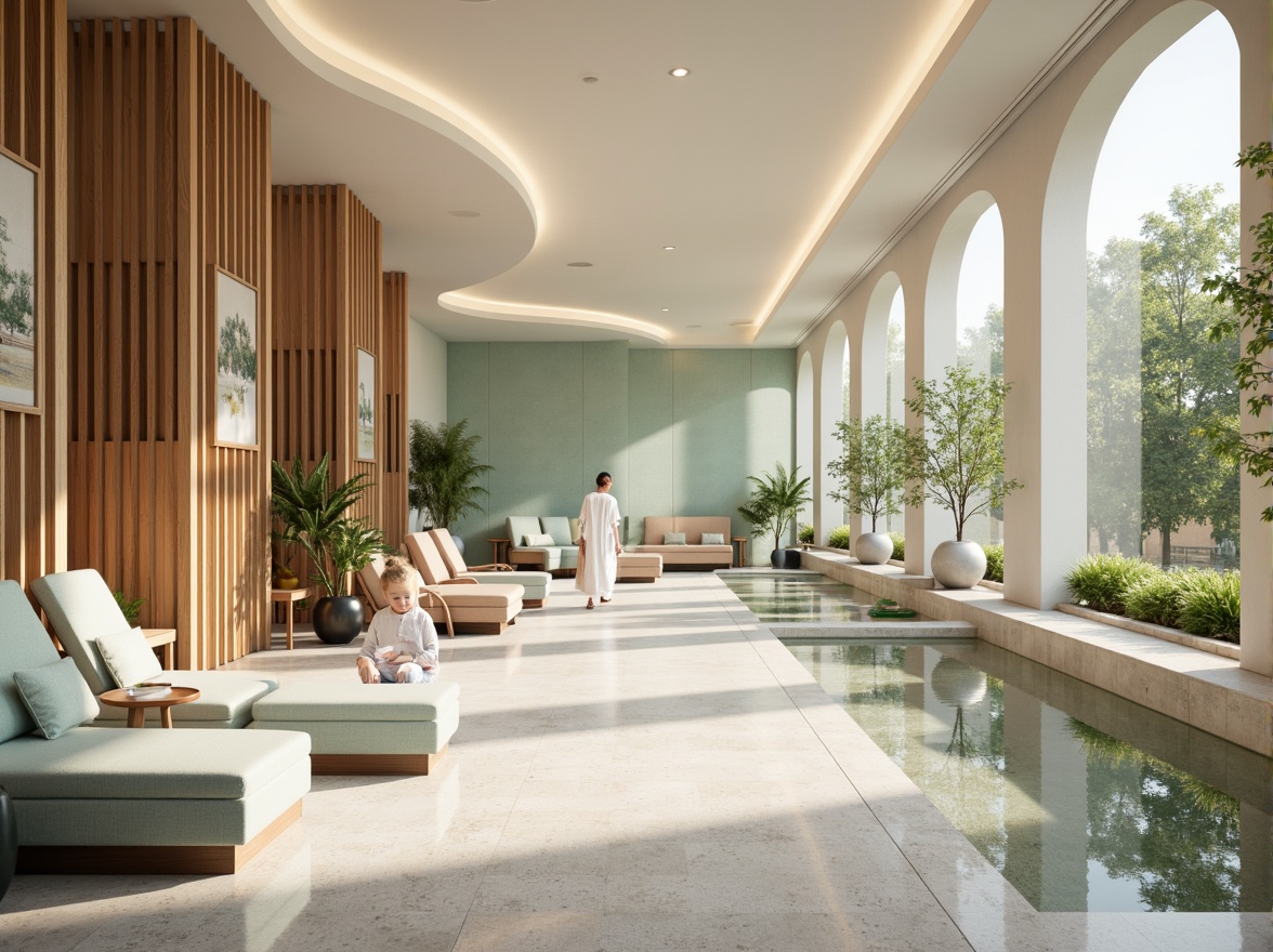 Prompt: Soothing healthcare facility, calming atmosphere, gentle curves, natural wood accents, soft pastel colors, creamy whites, pale blues, muted greens, warm beige tones, comforting textiles, plush furnishings, serene water features, lush green walls, abundant natural light, subtle gradient effects, shallow depth of field, 1/1 composition, realistic reflections, ambient occlusion.