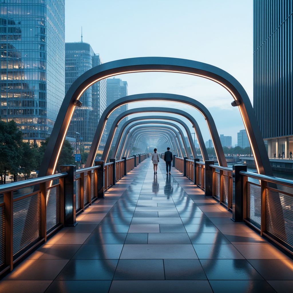 Prompt: Futuristic pedestrian bridge, sleek metal arches, LED lighting strips, glass floors, stainless steel railings, minimalist design, modern urban landscape, city skyline views, misty morning atmosphere, soft warm lighting, shallow depth of field, 3/4 composition, panoramic view, realistic reflections, ambient occlusion, dynamic motion blur, vibrant neon colors, geometric patterns, high-tech materials, innovative engineering solutions.