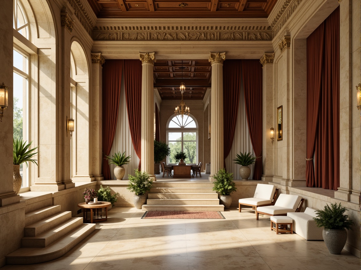 Prompt: Elegant classical architecture, ornate columns, carved stone details, symmetrical facades, grand entranceways, sweeping staircases, rich wood tones, luxurious fabrics, muted earthy colors, soft golden lighting, warm beige walls, creamy marble floors, subtle texture overlays, realistic material reflections, atmospheric perspective, 2/3 composition, cinematic camera angles.