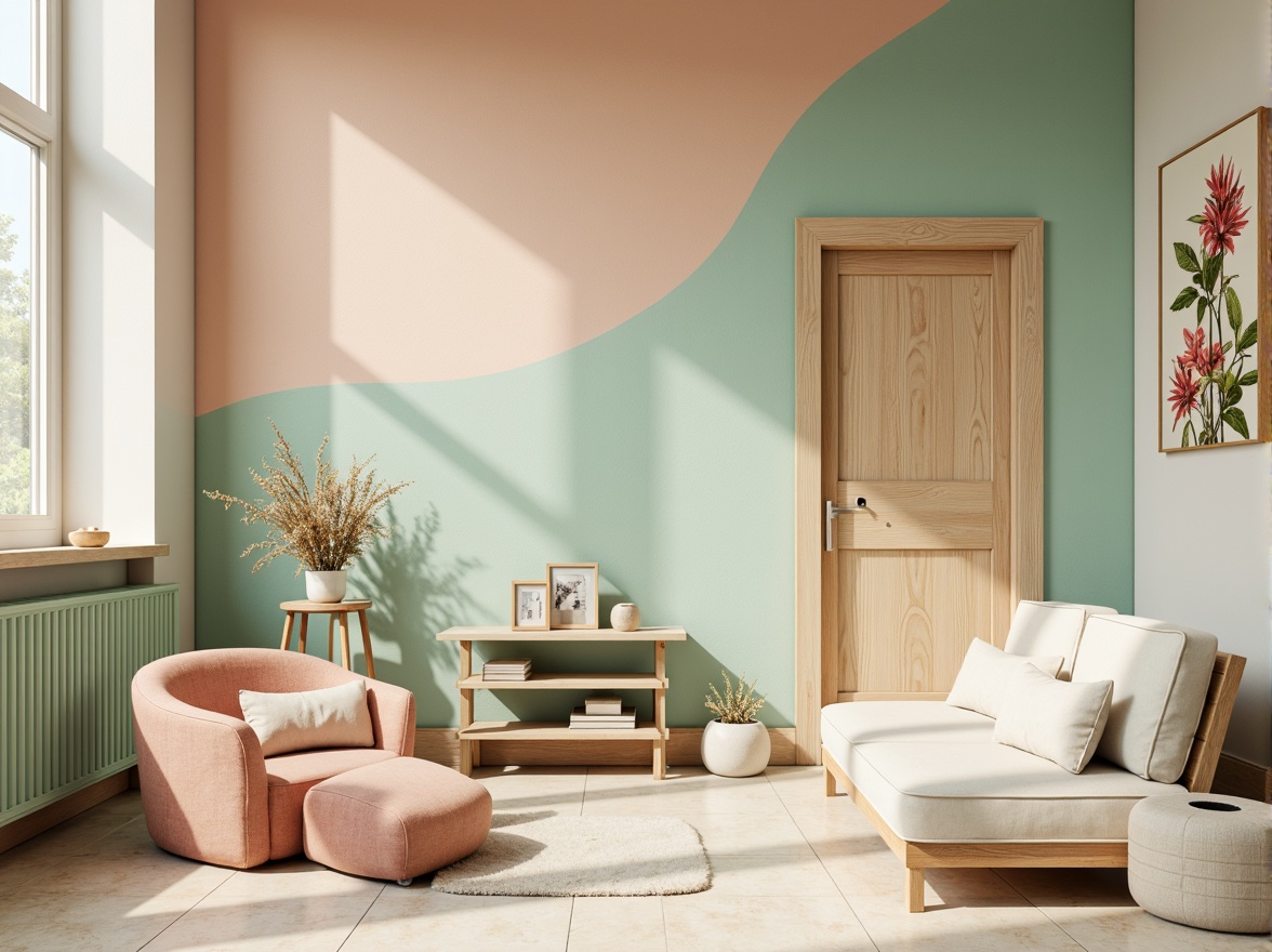 Prompt: Vibrant pastel hues, soft peach tones, calming mint greens, creamy whites, warm beige accents, rich wood textures, natural stone patterns, elegant metallic finishes, subtle gradient effects, atmospheric lighting, shallow depth of field, 2/3 composition, realistic renderings, ambient occlusion.