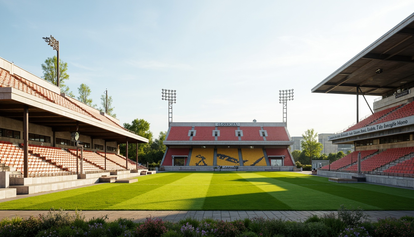 Prompt: Minimalist sports fields, lush green grass, subtle earthy tones, weathered wood bleachers, sleek metal goalposts, vibrant team colors, bold typography, natural stone pathways, rustic fences, open skies, warm sunlight, soft shadows, shallow depth of field, 3/4 composition, panoramic view, realistic textures, ambient occlusion.