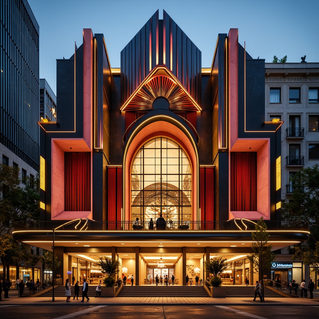 Prompt: Vibrant theater facade, constructivist architecture, geometric shapes, bold colors, abstract patterns, metallic materials, industrial textures, dramatic lighting, spotlights, ornate details, grand entrance, sweeping staircases, luxurious velvet curtains, gilded accents, avant-garde sculptures, futuristic elements, urban cityscape, evening atmosphere, warm golden lighting, shallow depth of field, 1/1 composition, symmetrical view, high-contrast rendering.