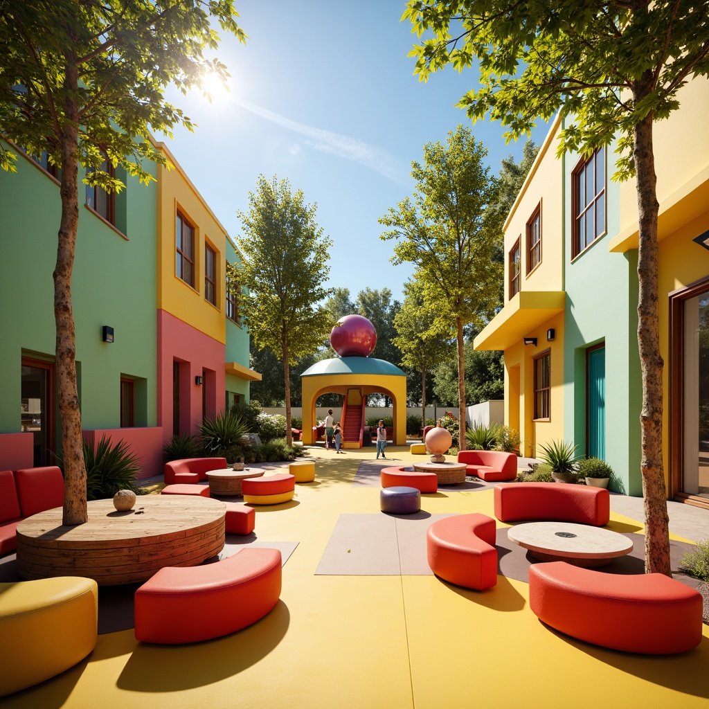 Prompt: Vibrant playground, bright color accents, whimsical murals, playful furniture, soft cushions, rounded shapes, natural wood textures, bold geometric patterns, sunny day, warm lighting, shallow depth of field, 1/1 composition, realistic renderings, ambient occlusion.