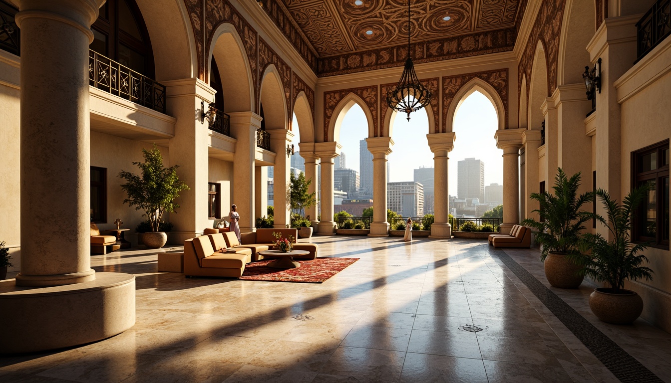 Prompt: Intricate arches, ornate columns, Byzantine-inspired architecture, luxurious apartment complex, grand entrance hall, high ceilings, marble floors, ornamental chandeliers, lavish furnishings, rich textiles, warm golden lighting, shallow depth of field, 1/1 composition, realistic textures, ambient occlusion, urban cityscape, bustling streets, modern amenities, rooftop gardens, panoramic views.