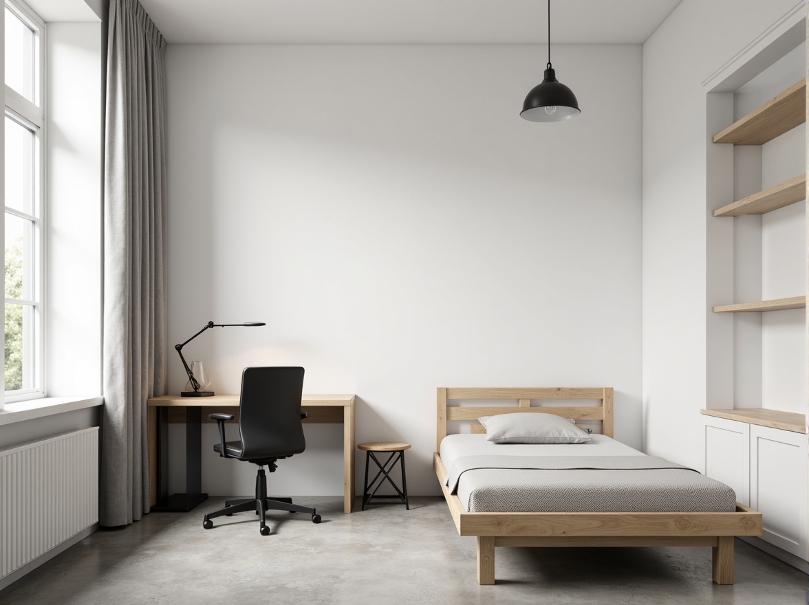 Prompt: Simple dorm room, minimal decor, monochromatic color scheme, sleek wooden furniture, low-profile bed frame, compact desk, ergonomic chair, geometric-shaped nightstand, industrial-style lighting fixtures, concrete floors, plain white walls, subtle textures, natural light, soft shadows, 1/1 composition, realistic rendering, ambient occlusion.