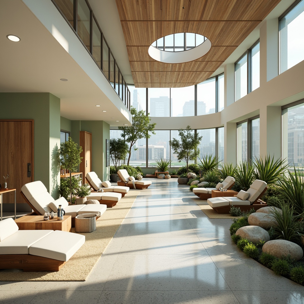 Prompt: Soothing healthcare facility, calming atmosphere, gentle curves, natural materials, earthy tones, muted greens, blues and whites, warm beige accents, soft pastel hues, comforting lighting, subtle texture overlays, organic shapes, serene botanical elements, peaceful water features, minimalist decor, airy open spaces, abundant natural light, shallow depth of field, 1/1 composition, realistic renderings, ambient occlusion.