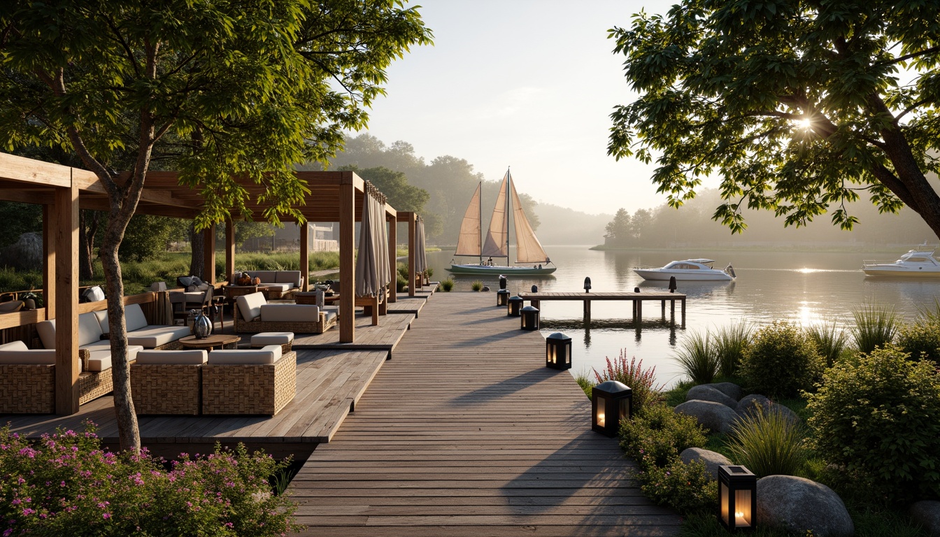 Prompt: Serene waterfront, rustic wooden dock, lush greenery, vibrant flowers, tranquil lake views, sailboats, kayaks, paddleboards, nautical ropes, weathered wood accents, natural stone pathways, lantern-style lighting, warm sunset glow, shallow depth of field, 3/4 composition, panoramic view, realistic textures, ambient occlusion, cozy outdoor seating areas, woven wicker furniture, plush cushions, soft warm lighting, misty morning atmosphere.