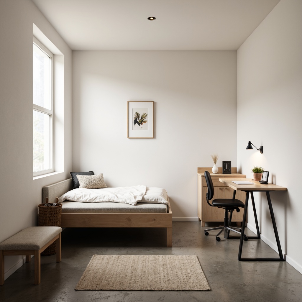 Prompt: Simple dorm room, minimal decor, monochromatic color scheme, sleek wooden furniture, low-profile bed frame, compact desk, ergonomic chair, geometric-shaped nightstand, industrial-style lighting fixtures, concrete floor, plain white walls, subtle textures, soft warm glow, shallow depth of field, 1/1 composition, realistic rendering, ambient occlusion.