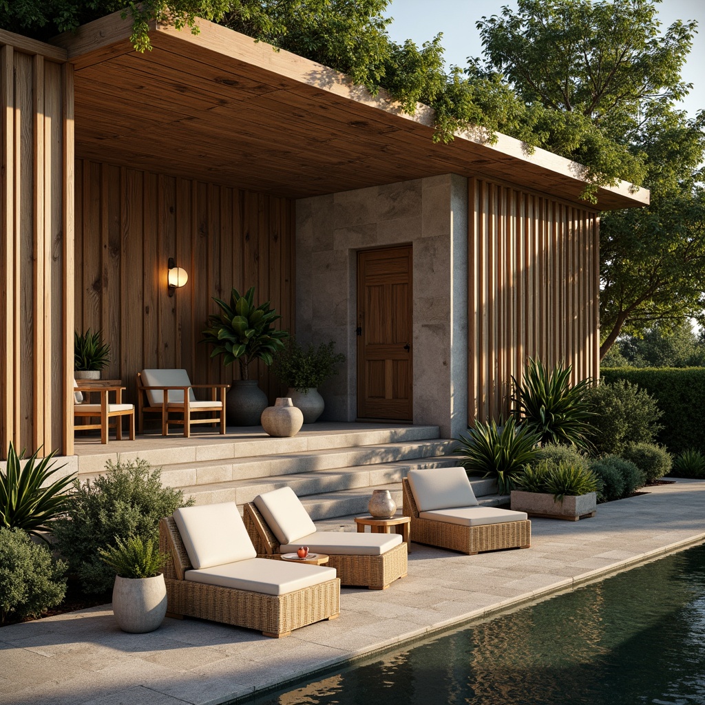 Prompt: Rustic wooden accents, reclaimed timber, natural stone walls, earthy color palette, organic textures, bamboo flooring, woven rattan furniture, living green roofs, lush vegetation, serene water features, minimalist decor, warm ambient lighting, soft shadows, 1/1 composition, realistic renderings, subtle depth of field.