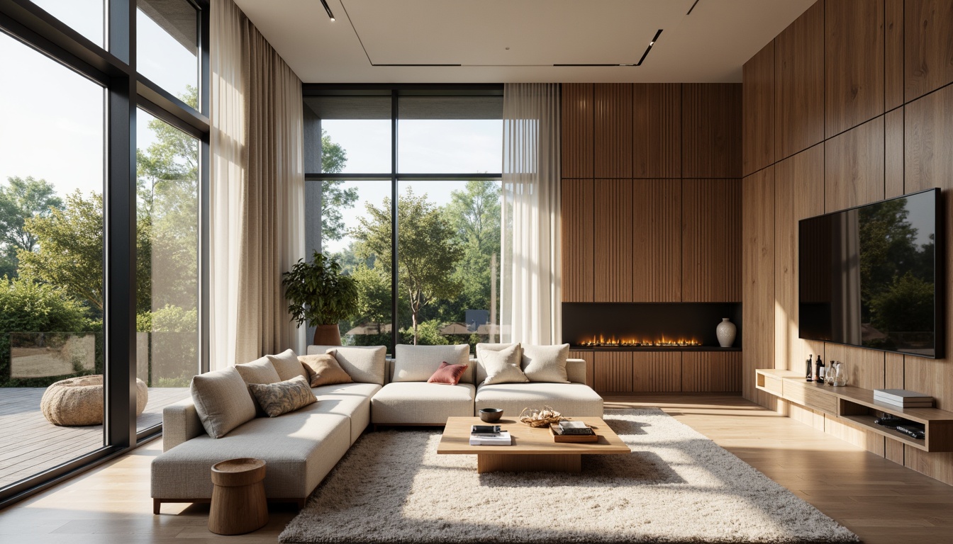 Prompt: Modern living room, sleek minimalist furniture, neutral color palette, natural textiles, wooden accents, floor-to-ceiling windows, abundant natural light, cozy reading nook, plush area rug, geometric patterned wallpaper, ambient warm lighting, 1/1 composition, shallow depth of field, realistic textures, soft focus blur.