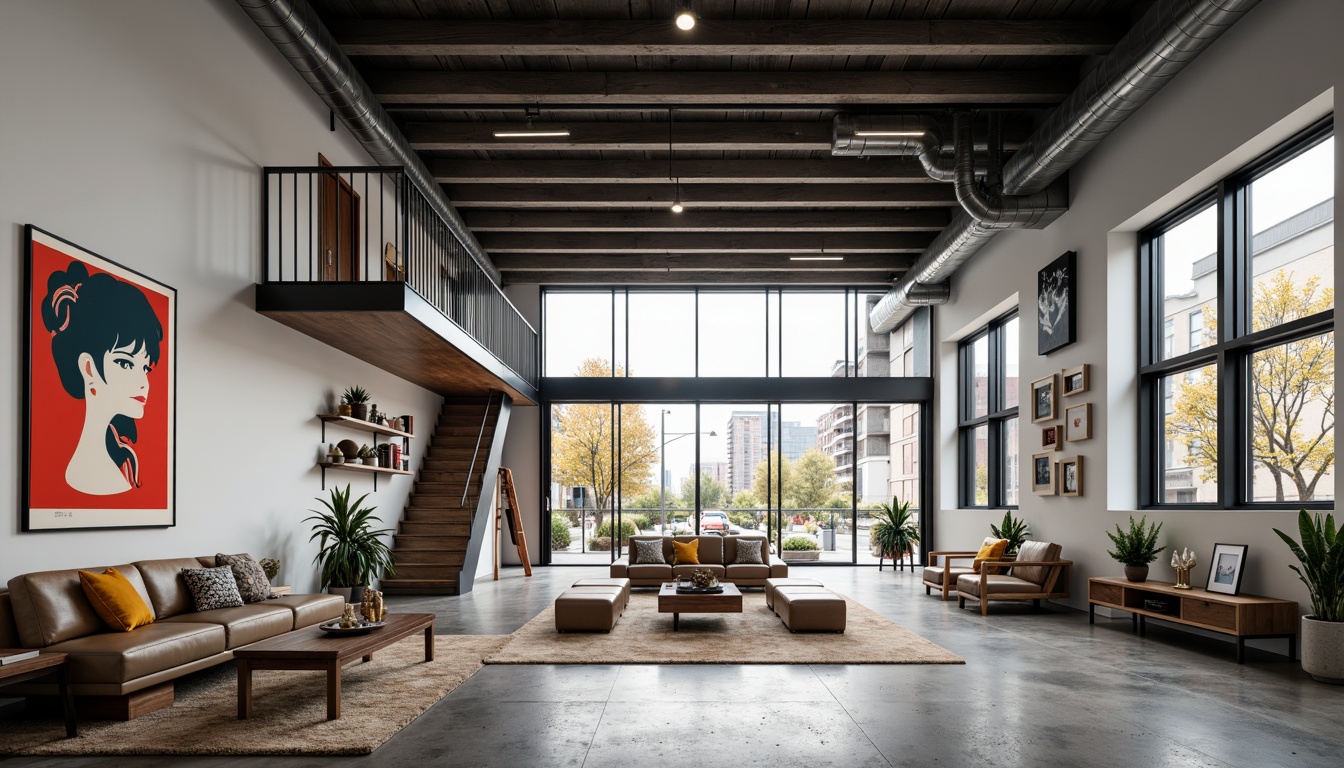 Prompt: Functionalist interior, open floor plan, minimalist decor, industrial materials, exposed ductwork, steel beams, concrete floors, geometric shapes, primary color scheme, bold typography, functional furniture, built-in shelving, cantilevered stairs, natural light, large windows, sliding glass doors, urban views, modern cityscape, busy streets, abstract artwork, avant-garde sculptures, eclectic textiles, graphic patterns, 2-point perspective, high contrast lighting, dramatic shadows, cinematic composition.