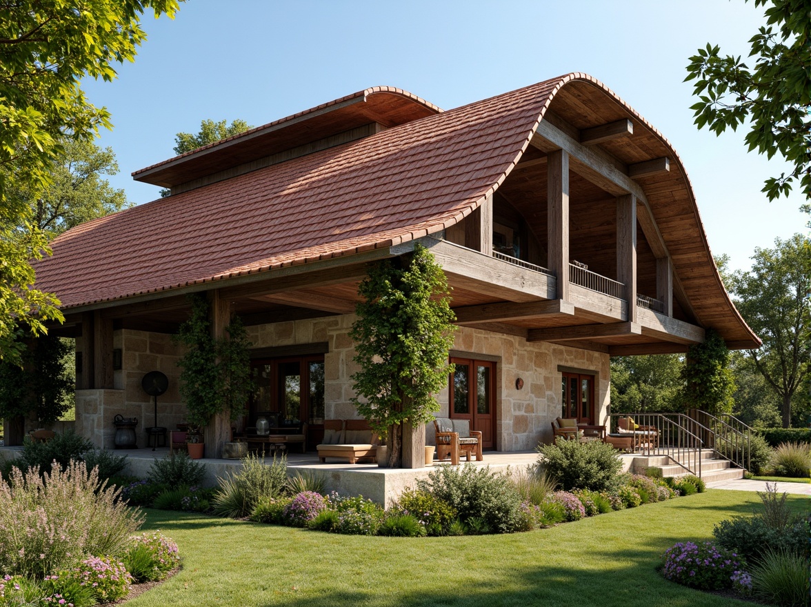 Prompt: Rustic barn, renaissance revival style, curved rooflines, terra cotta tiles, weathered wooden beams, ornate metalwork, vintage farm tools, lush greenery, blooming wildflowers, sunny afternoon, warm soft lighting, shallow depth of field, 1/1 composition, realistic textures, ambient occlusion, natural stone walls, earthy color palette, distressed wood accents, decorative trusses, grand entranceways, symmetrical facade, classic European influences.