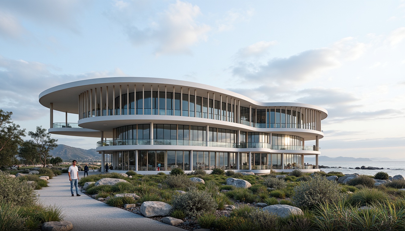 Prompt: Organic coastal office building, wavy lines, undulating curves, shell-inspired fa\u00e7ade, ocean-blue glass, driftwood accents, sea-salt weathered stone, beachy textures, natural ventilation systems, cantilevered floors, panoramic ocean views, soft diffused lighting, 1/1 composition, atmospheric perspective, misty morning atmosphere, seagull sounds, subtle color palette, eco-friendly materials, sustainable energy harvesting systems, green roofs, living walls, adaptive reuse of existing structures.