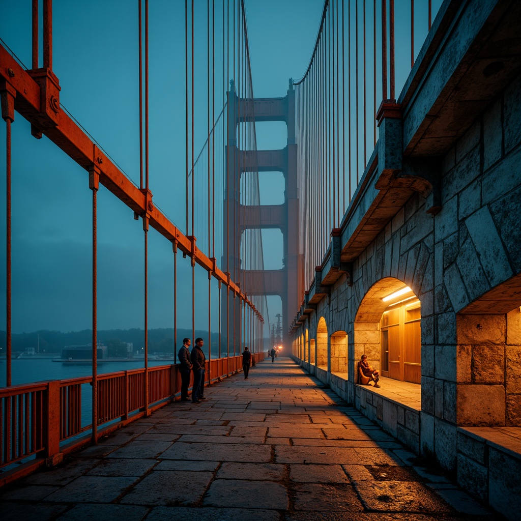 Prompt: Vibrant orange suspension cables, deep blue steel beams, warm golden lighting, misty atmospheric effects, rugged stone piers, dynamic curved lines, bold geometric shapes, distressed metal textures, eerie nighttime ambiance, high-contrast color palette, dramatic shadows, cinematic composition, 1/2 framing, low-key lighting, mysterious foggy atmosphere.