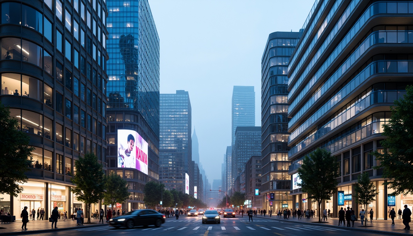 Prompt: Futuristic cityscape, sleek skyscrapers, iridescent glass facades, metallic frames, neon lights, holographic advertisements, bustling streets, flying cars, robotic pedestrians, cyberpunk atmosphere, misty evening, soft blue lighting, shallow depth of field, 1/1 composition, panoramic view, realistic reflections, ambient occlusion.