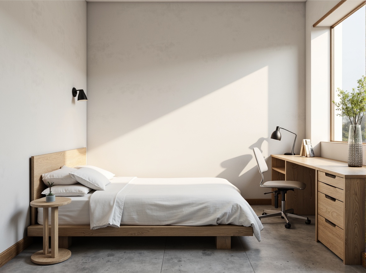 Prompt: Simple dorm room, minimal decor, monochromatic color scheme, sleek wooden furniture, low-profile bed frame, compact desk, ergonomic chair, geometric-shaped nightstand, industrial-style lighting fixtures, concrete floor, plain white walls, subtle textures, soft warm glow, shallow depth of field, 1/1 composition, realistic rendering, ambient occlusion.