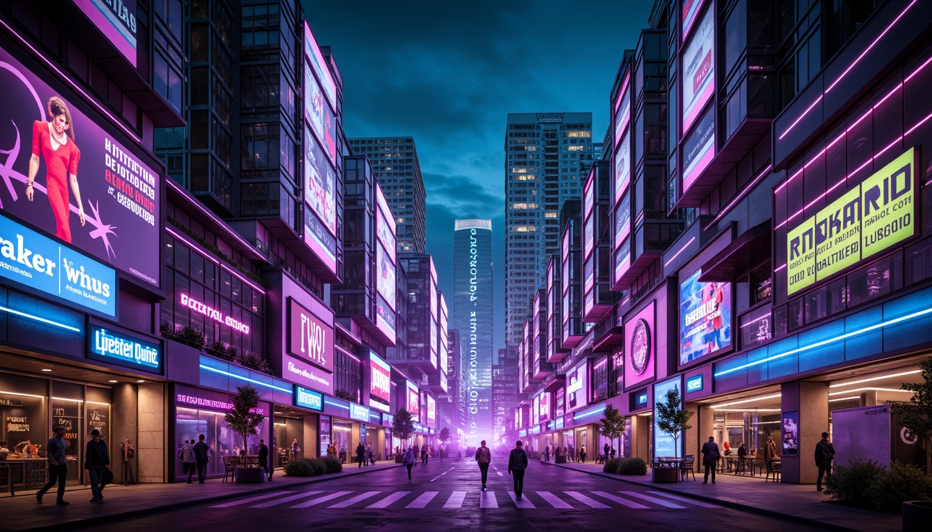 Prompt: Neon-lit cityscape, futuristic skyscrapers, iridescent glass facades, holographic advertisements, vibrant purple and green hues, metallic silver accents, glowing blue lines, sleek aerodynamic shapes, retro-futuristic nostalgia, cyberpunk influences, high-tech gadgetry, virtual reality interfaces, neon-drenched alleys, 3D projection mapping, cinematic lighting, shallow depth of field, 1/1 composition, futuristic typography, abstract geometric patterns.