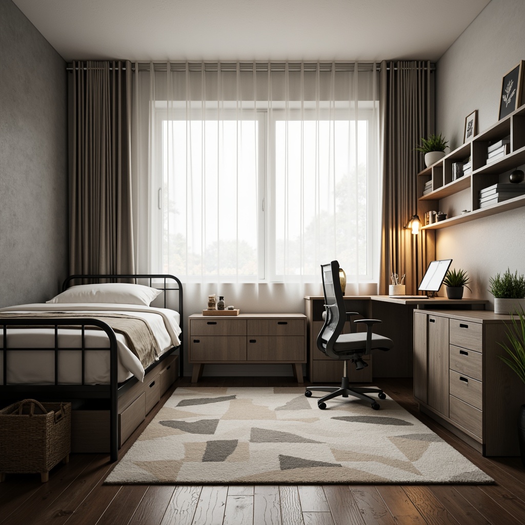 Prompt: Simple dorm room, minimal decor, monochromatic color scheme, sleek metal furniture, compact storage units, clutter-free space, natural light pouring in, sheer white curtains, wooden flooring, geometric-shaped rug, modern desk lamp, ergonomic chair, built-in shelves, industrial-chic accents, calm atmosphere, soft warm lighting, shallow depth of field, 1/1 composition, realistic textures, ambient occlusion.