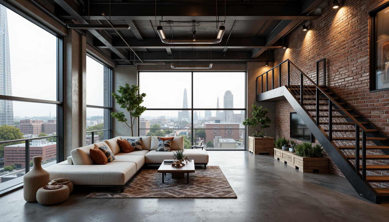 Prompt: Industrial chic loft, exposed brick walls, metal beams, polished concrete floors, minimalist decor, sleek lines, modern high-tech gadgets, futuristic lighting fixtures, floor-to-ceiling windows, cityscape views, urban landscape, cloudy day, soft natural light, shallow depth of field, 3/4 composition, panoramic view, realistic textures, ambient occlusion, reclaimed wood accents, industrial metal stairs, open-plan living area, cozy reading nooks, plush sectional sofas, geometric patterned rugs.