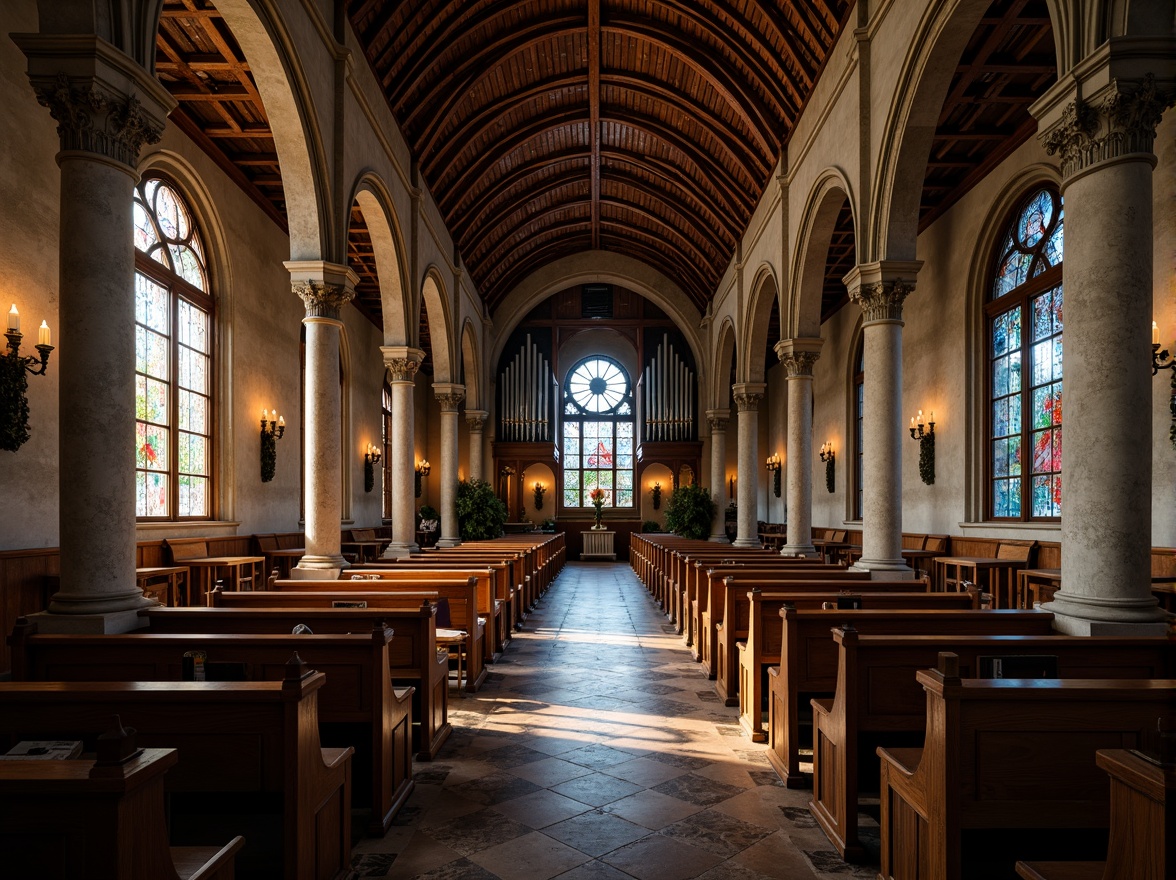 Prompt: Ancient stone walls, ornate wooden pews, stained glass windows, intricate marble floors, rustic brick arches, vaulted ceilings, grandiose pipe organs, luxurious velvet drapes, weathered copper roofs, distressed wood accents, smooth limestone columns, ornamental metalwork, mystical ambiance, warm soft lighting, high contrast ratio, dramatic shadows, 1/2 composition, symmetrical framing, realistic reflections, subtle ambient occlusion.