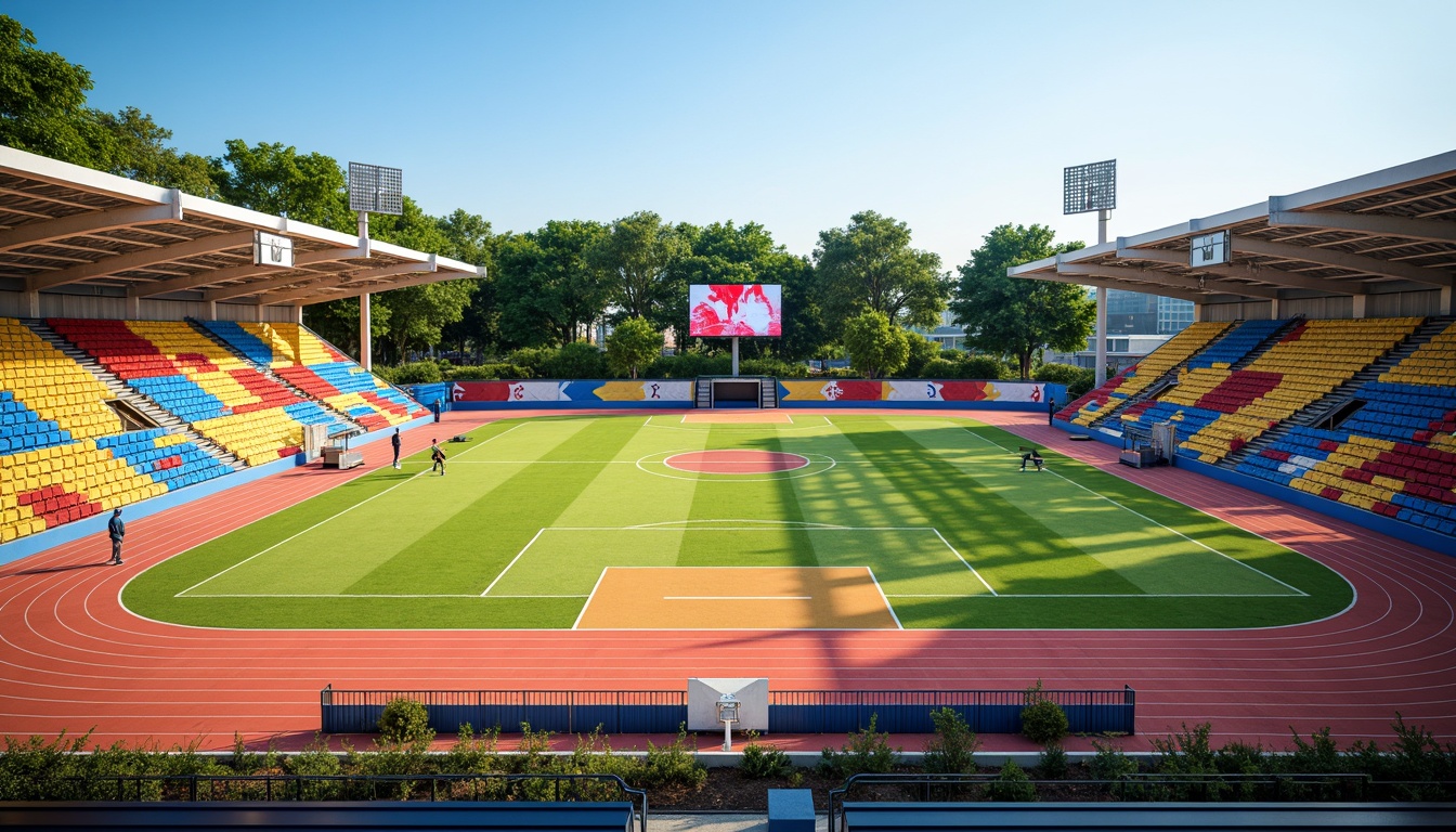 Prompt: Vibrant sports fields, eclectic mix of patterns, bold color blocking, dynamic shapes, irregular lines, abstract textures, modernist architecture, sleek metal bleachers, minimalist scoreboard, avant-garde lighting fixtures, dramatic shadows, warm sunny day, soft natural grass, artificial turf, athletic tracks, soccer goals, basketball hoops, tennis courts, volleyball nets, spectator seating areas, shaded canopies, ornate fencing, eclectic sculptures, abstract murals, 3/4 composition, shallow depth of field, panoramic view, realistic textures, ambient occlusion.