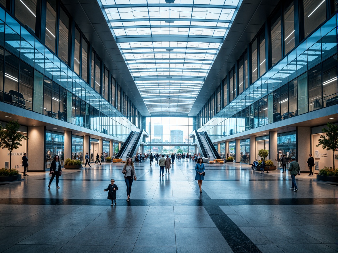 Prompt: Aerodynamic airport terminal, sleek glass fa\u00e7ade, metallic cladding, cantilevered rooflines, minimalist columns, modernist architecture, large windows, sliding doors, LED lighting systems, futuristic interior design, spacious atriums, polished marble floors, stainless steel handrails, dynamic escalators, panoramic views, shallow depth of field, 3/4 composition, realistic reflections, ambient occlusion.