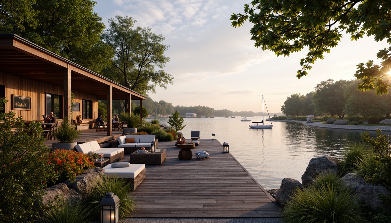 Prompt: Serene waterfront, rustic wooden dock, lush greenery, vibrant flowers, tranquil lake views, sailboats, kayaks, paddleboards, nautical ropes, weathered wood accents, natural stone pathways, lantern-style lighting, warm sunset glow, shallow depth of field, 3/4 composition, panoramic view, realistic textures, ambient occlusion, cozy outdoor seating areas, woven wicker furniture, plush cushions, soft warm lighting, misty morning atmosphere.