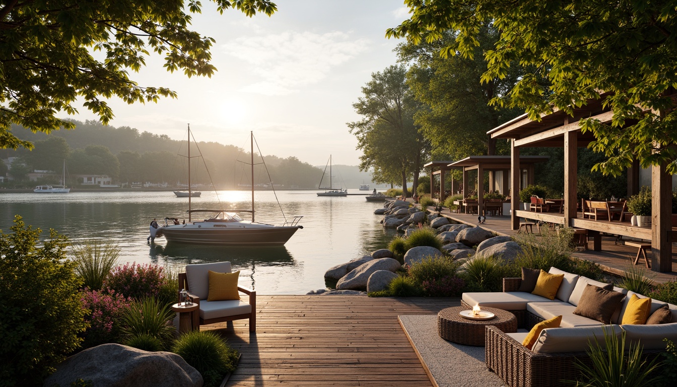 Prompt: Serene waterfront, rustic wooden dock, lush greenery, vibrant flowers, tranquil lake views, sailboats, kayaks, paddleboards, nautical ropes, weathered wood accents, natural stone pathways, lantern-style lighting, warm sunset glow, shallow depth of field, 3/4 composition, panoramic view, realistic textures, ambient occlusion, cozy outdoor seating areas, woven wicker furniture, plush cushions, soft warm lighting, misty morning atmosphere.