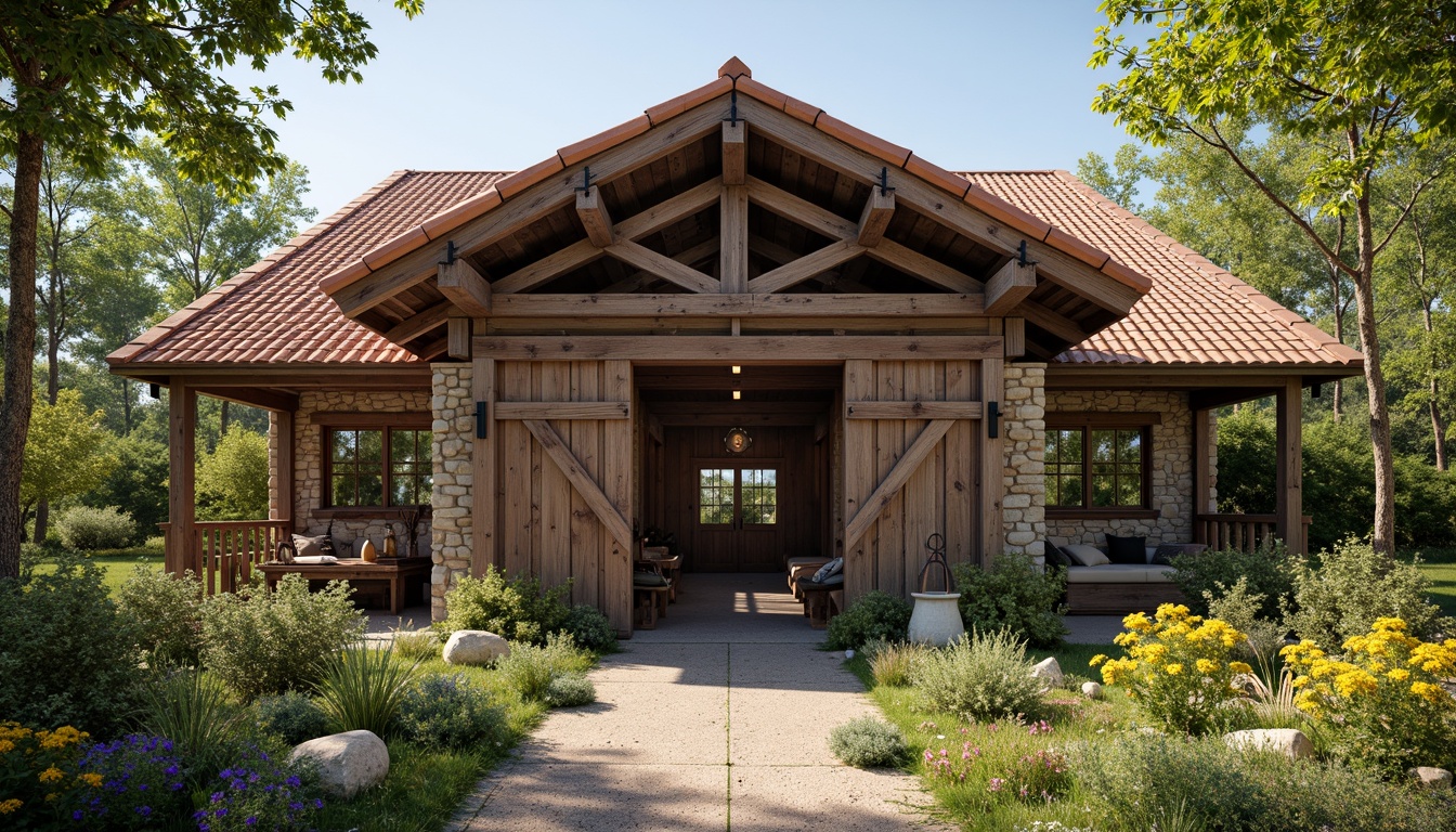 Prompt: Rustic barn, renaissance revival style, curved rooflines, terra cotta tiles, weathered wooden beams, ornate metalwork, vintage farm tools, lush greenery, blooming wildflowers, sunny afternoon, warm soft lighting, shallow depth of field, 1/1 composition, realistic textures, ambient occlusion, natural stone walls, earthy color palette, distressed wood accents, decorative trusses, grand entranceways, symmetrical facade, classic European influences.