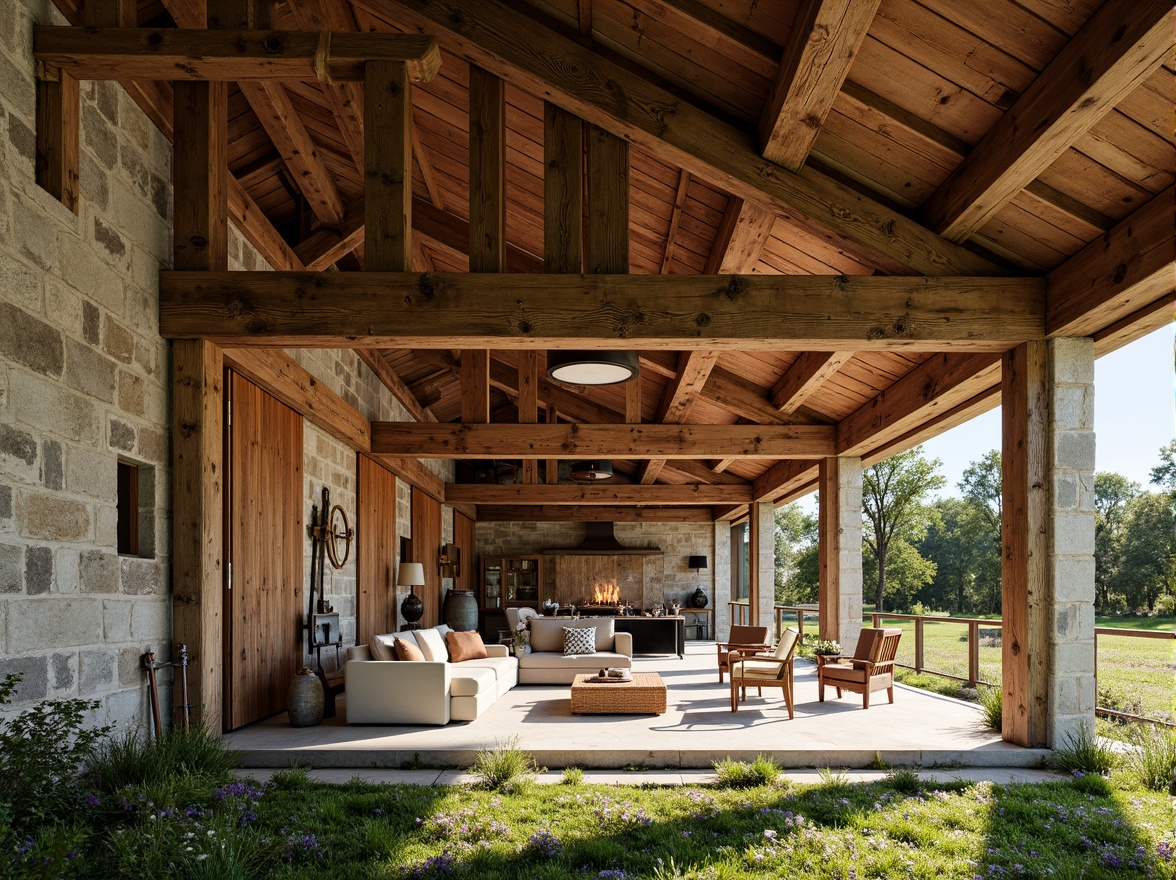 Prompt: Rustic barn, wooden beams, vintage farm tools, natural stone walls, earthy color palette, reclaimed wood accents, distressed metal decor, open concept living, high ceilings, large windows, sliding glass doors, lush greenery, wildflowers, sunny day, soft warm lighting, shallow depth of field, 3/4 composition, panoramic view, realistic textures, ambient occlusion.