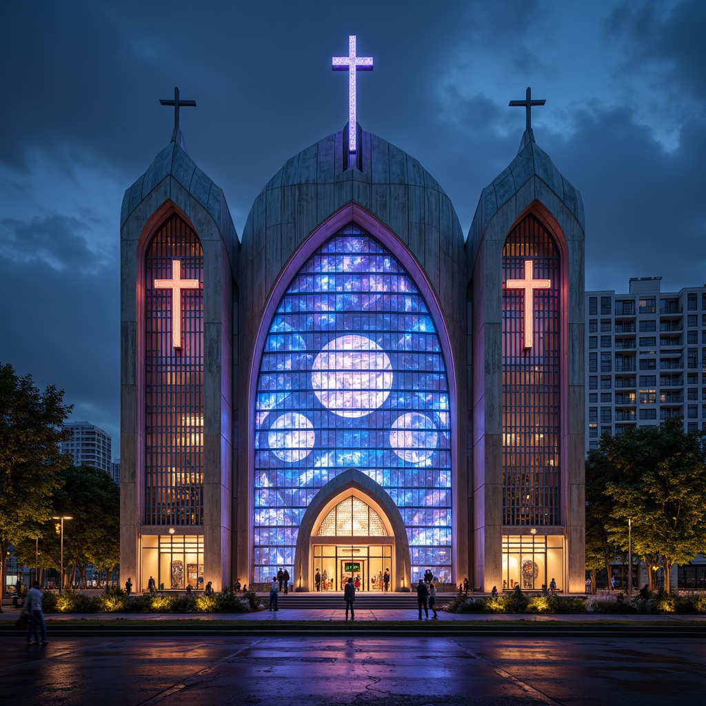 Prompt: Futuristic church facade, neon-lit crosses, iridescent stained glass windows, holographic projections, metallic mesh exteriors, parametric architecture, undulating curves, glowing LED accents, cantilevered roofs, angular lines, minimalist ornamentation, sustainable energy harvesting systems, solar panels, wind turbines, water conservation systems, green roofs, eco-friendly materials, innovative cooling technologies, shaded outdoor spaces, misting systems, futuristic sculptures, vibrant colorful textiles, intricate geometric motifs, 3/4 composition, panoramic view, realistic textures, ambient occlusion.