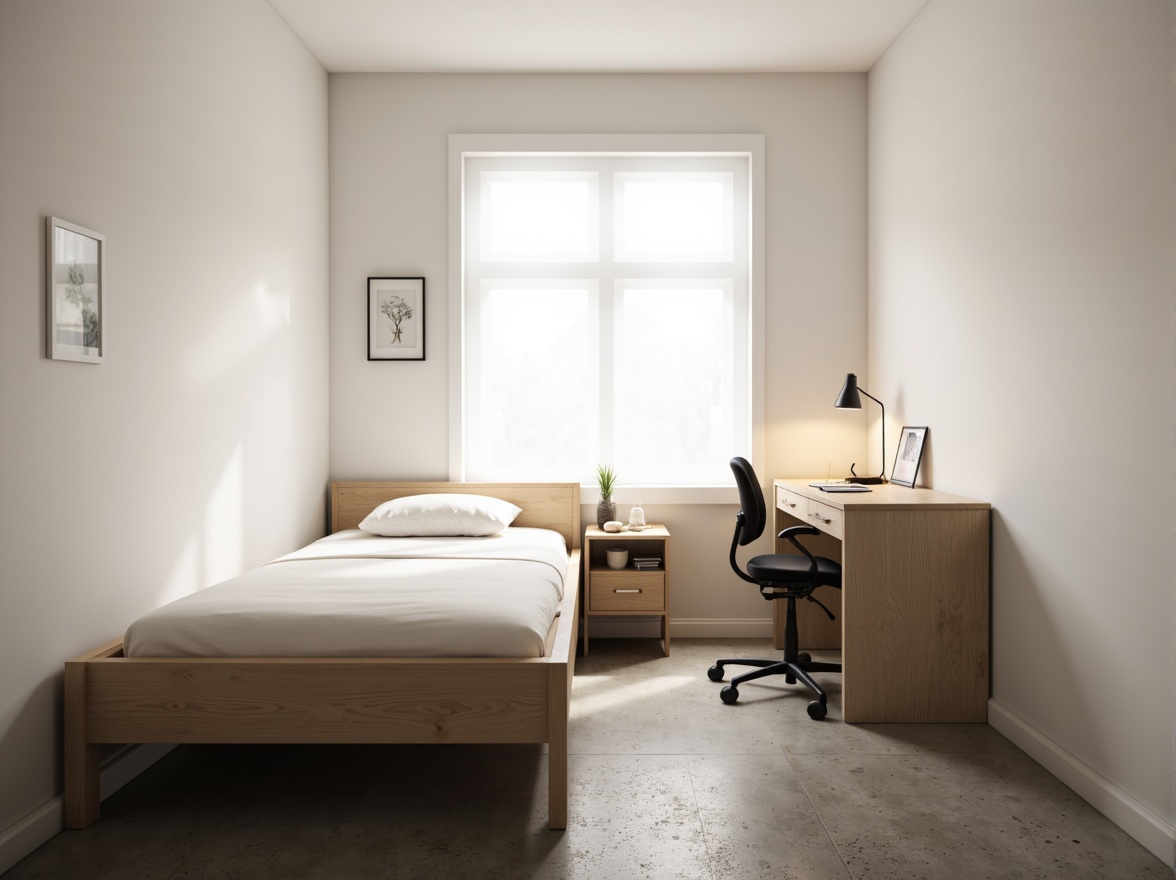 Prompt: Simple dorm room, minimal decor, monochromatic color scheme, sleek wooden furniture, low-profile bed frame, compact desk, ergonomic chair, geometric-shaped nightstand, industrial-style lighting fixtures, concrete floor, plain white walls, subtle textures, soft warm glow, shallow depth of field, 1/1 composition, realistic rendering, ambient occlusion.