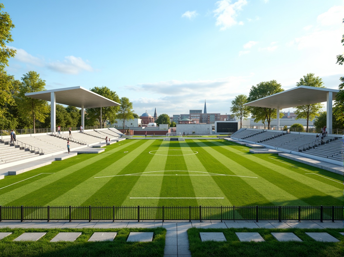 Prompt: Simple sports field, lush green grass, white goalposts, minimalist bleachers, clean lines, modernist architecture, sleek metal fences, natural stone pathways, sparse trees, clear blue sky, warm sunny day, soft diffused lighting, shallow depth of field, 3/4 composition, panoramic view, realistic textures, ambient occlusion.