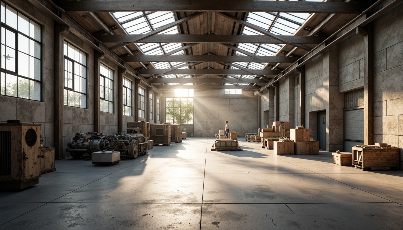 Prompt: Industrial factory setting, minimalist aesthetic, exposed ductwork, polished concrete floors, steel beams, large windows, clerestory windows, skylights, transparent roofs, natural light pouring in, soft warm glow, subtle shadows, industrial chic decor, reclaimed wood accents, metal machinery, functional simplicity, open floor plan, airy atmosphere, diffused lighting, 1/1 composition, realistic textures, ambient occlusion.