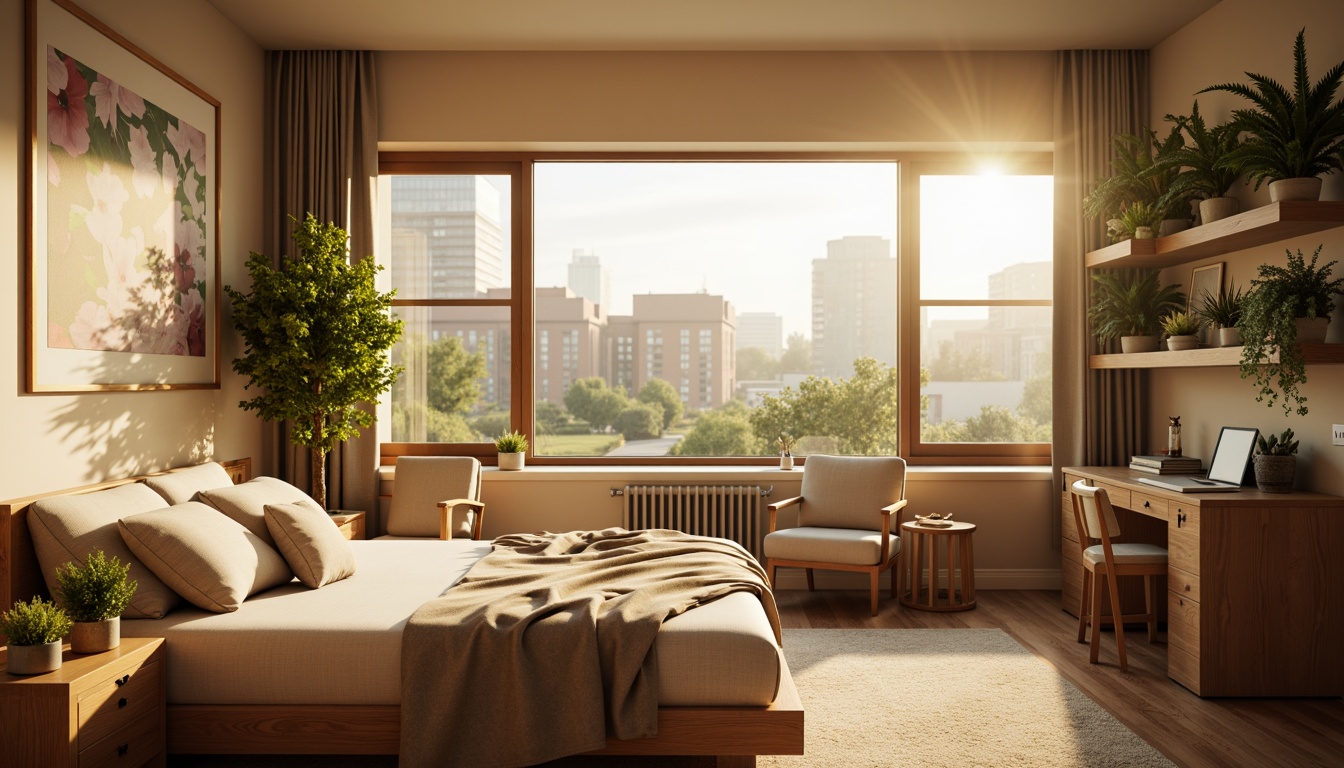 Prompt: Cozy dorm room, large windows, soft natural light, warm beige walls, comfortable bedding, wooden furniture, plants on shelves, gentle morning sunbeams, calming atmosphere, relaxing ambiance, soft shadows, 1/1 composition, shallow depth of field, realistic textures, ambient occlusion.