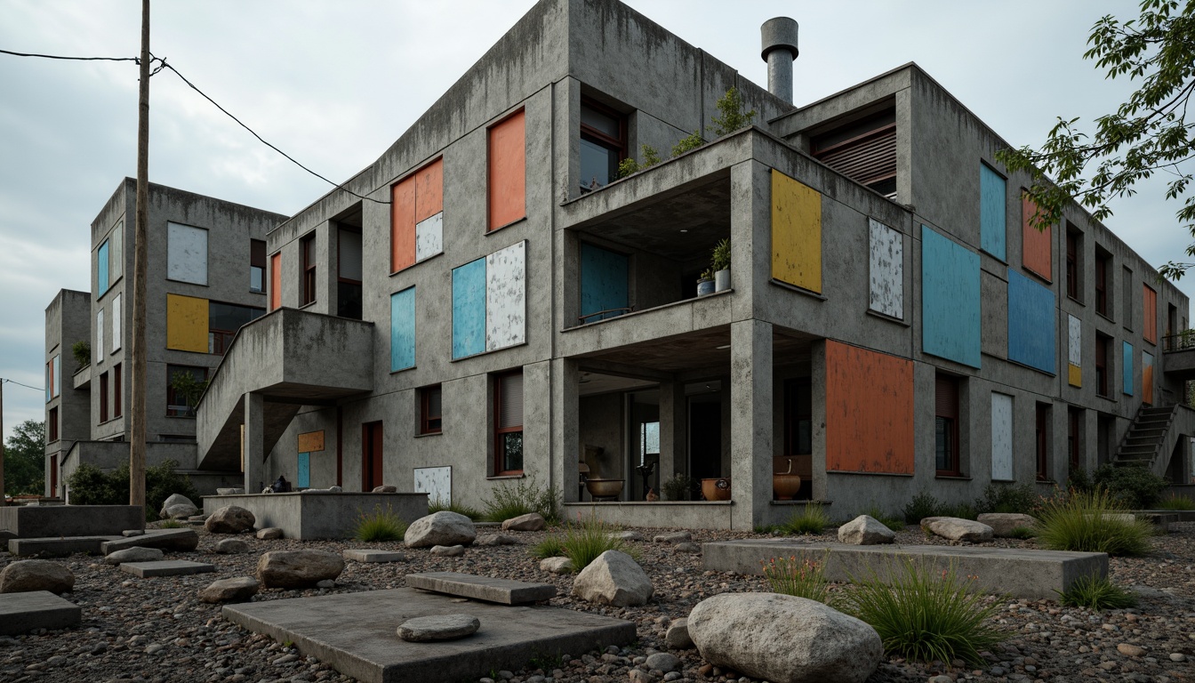 Prompt: Fragmented concrete structures, distressed metal surfaces, irregular shapes, abstract forms, chaotic patterns, bold color contrasts, clashing textures, industrial materials, exposed ductwork, raw unfinished edges, brutalist architecture, urban decay, abandoned landscapes, overcast skies, dramatic shadows, high-contrast lighting, cinematic composition, atmospheric perspective, gritty realistic rendering.