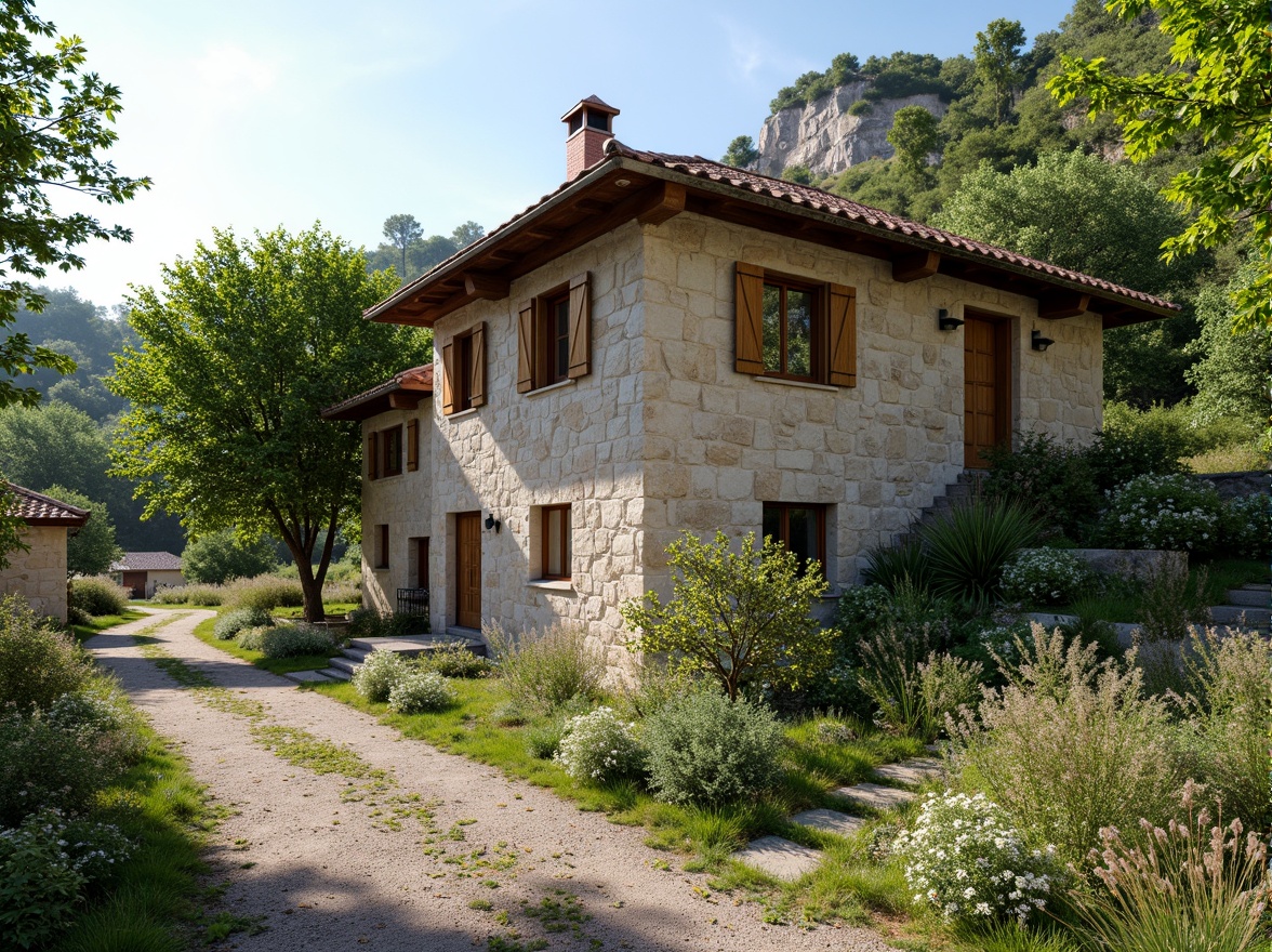 Prompt: Rustic rural cottage, natural stone walls, wooden shutters, earthy color palette, pitched roof, overhanging eaves, lush greenery, blooming wildflowers, winding country roads, serene countryside, warm sunny day, soft diffused lighting, shallow depth of field, 1/2 composition, intimate framing, realistic textures, ambient occlusion.