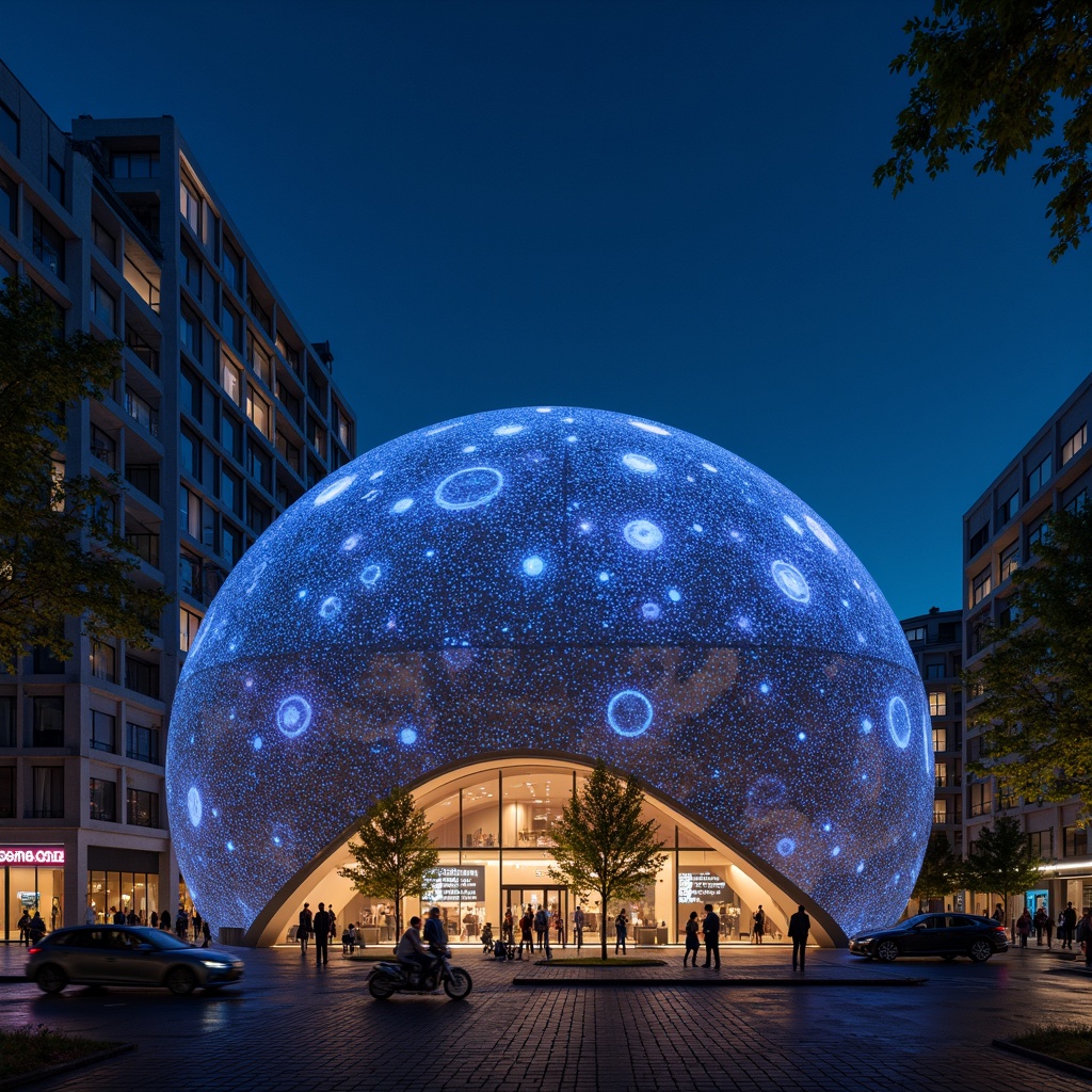 Prompt: Glowing planetarium dome, futuristic facade design, sleek metallic surfaces, neon-lit celestial patterns, starry night sky, modernist architecture, curved lines, geometric shapes, minimalist aesthetic, LED light installations, ambient lighting effects, shallow depth of field, 1/1 composition, panoramic view, realistic textures, ambient occlusion, urban cityscape, bustling streets, vibrant nightlife, cosmopolitan atmosphere.