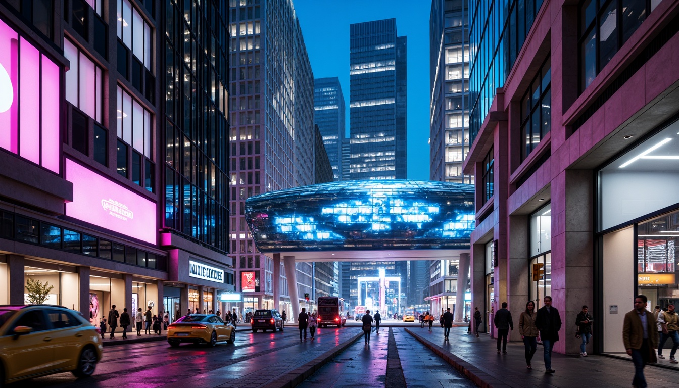 Prompt: Neon-lit cityscape, metallic skyscrapers, iridescent glass facades, holographic advertisements, cyberpunk alleys, neon-drenched streets, futuristic transportation hubs, levitating cars, hyper-modern skyscrapers, LED-infused buildings, electric blue accents, vibrant pink hues, luminescent whites, dark greys, sleek silvers, chrome finishes, geometric patterns, 3D-printed structures, augmented reality interfaces, virtual reality landscapes, panoramic city views, high-contrast lighting, cinematic depth of field, futuristic urban planning.