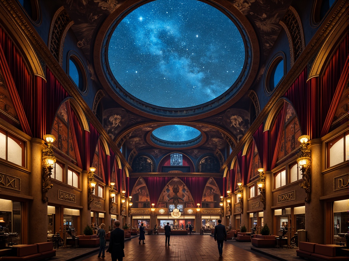 Prompt: Celestial dome structure, starry night sky, twinkling lights, romantic ambiance, soft warm glow, grandiose architecture, ornate details, Baroque-inspired design, sweeping curves, majestic proportions, luxurious materials, velvet drapes, golden accents, intricate frescoes, astronomical instruments, antique telescopes, mysterious shadows, dramatic lighting, 1/1 composition, shallow depth of field, cinematic atmosphere.