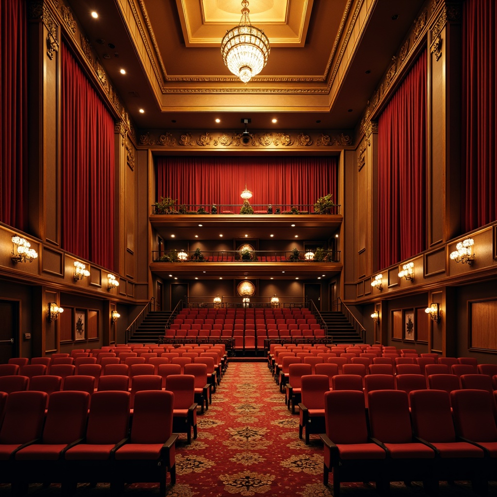 Prompt: Luxurious auditorium interior, rich velvet curtains, warm golden lighting, dark wood accents, plush red seats, ornate metal details, grand chandeliers, sophisticated sound systems, acoustic panels, dramatic spotlights, soft carpeting, elegant staircases, refined architectural lines, subtle texture contrasts, atmospheric ambiance, 1/2 composition, cinematic lighting, realistic reflections.