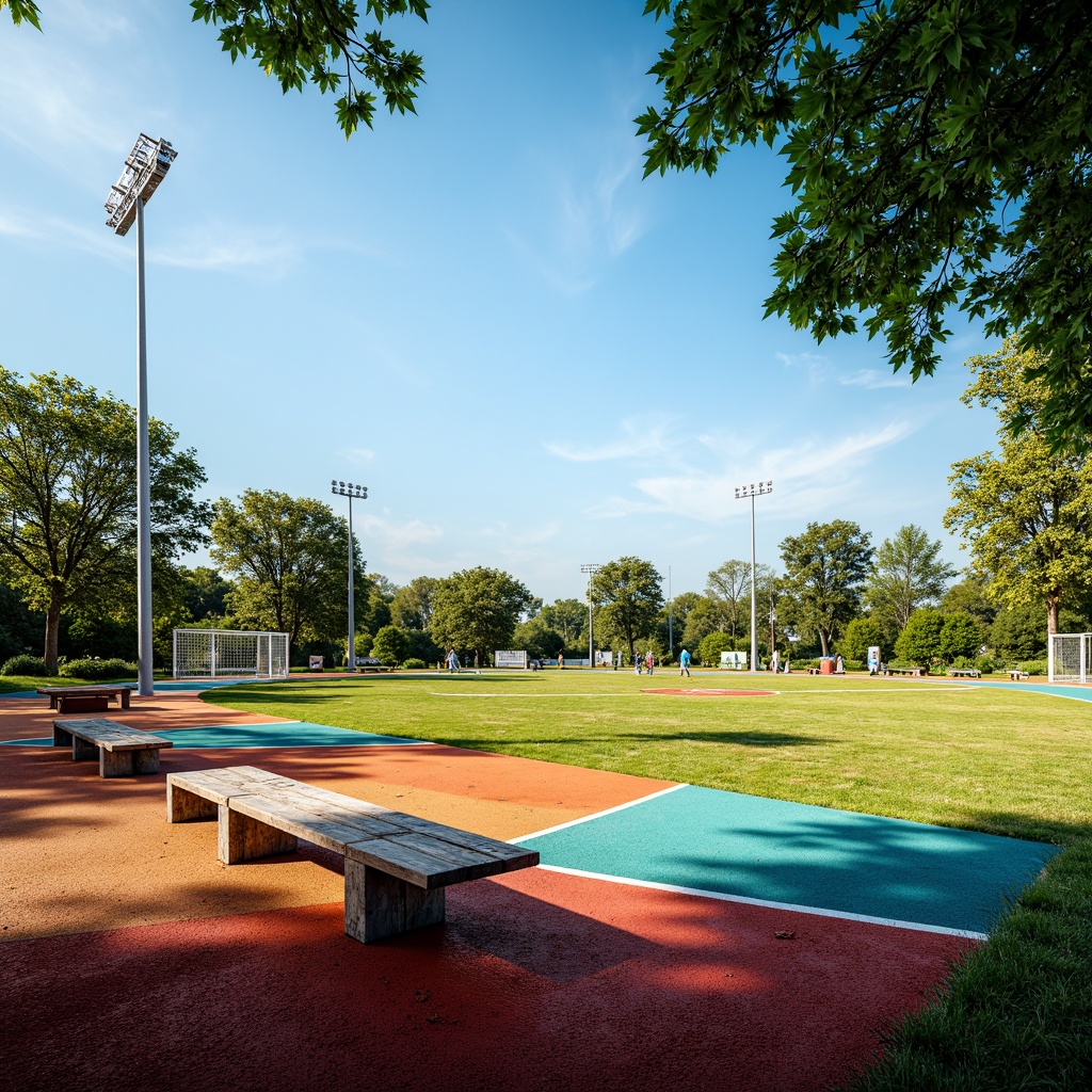 Prompt: Vibrant sports fields, eclectic mix of materials, contrasting textures, artificial turf, natural grass, weathered wood benches, metallic goalposts, colorful rubber tracks, bold graphic patterns, dynamic lighting, dramatic shadows, 1/1 composition, low-angle shot, realistic reflections, ambient occlusion, sunny day, soft warm atmosphere.