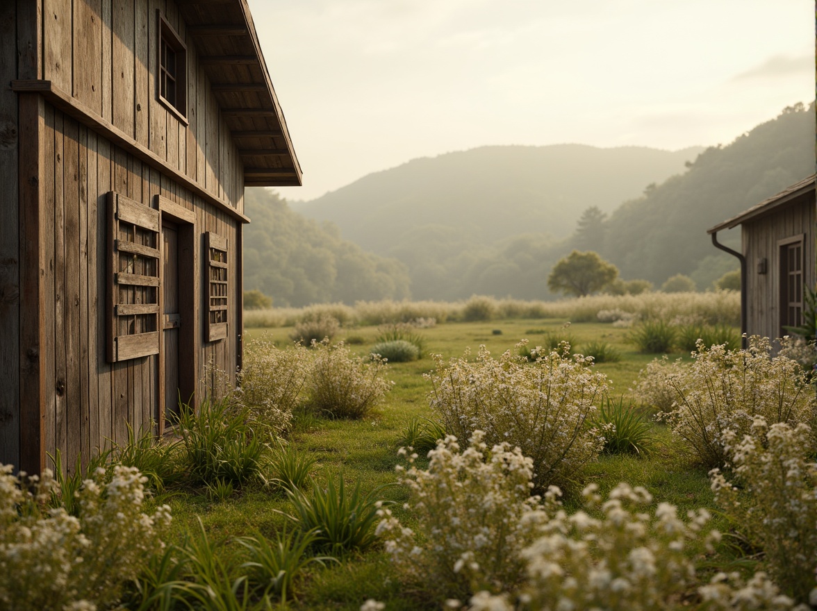 Prompt: Rustic rural landscape, earthy tones, warm beige, soft sage, mossy green, weathered wood textures, vintage metal accents, distressed stone walls, wildflower fields, rolling hills, serene countryside, misty morning light, soft focus, shallow depth of field, 1/2 composition, naturalistic colors, organic shapes, whimsical patterns.